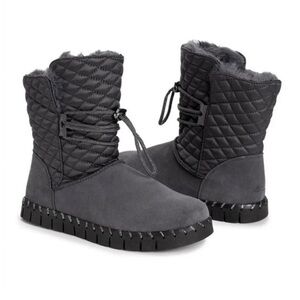 MUK LUKS Flexi Bridgehampton Dark Grey Suede Leather faux Fur Lined Boot sz 7